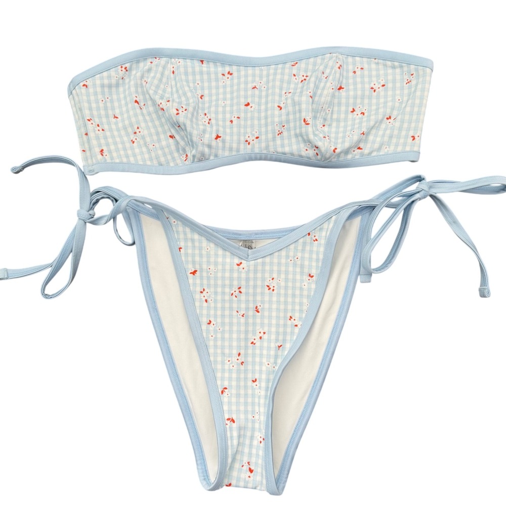 PINK by Frankies Bikinis Light‎ Blue Gingham Floral Bandeau Bikini Set L NWT